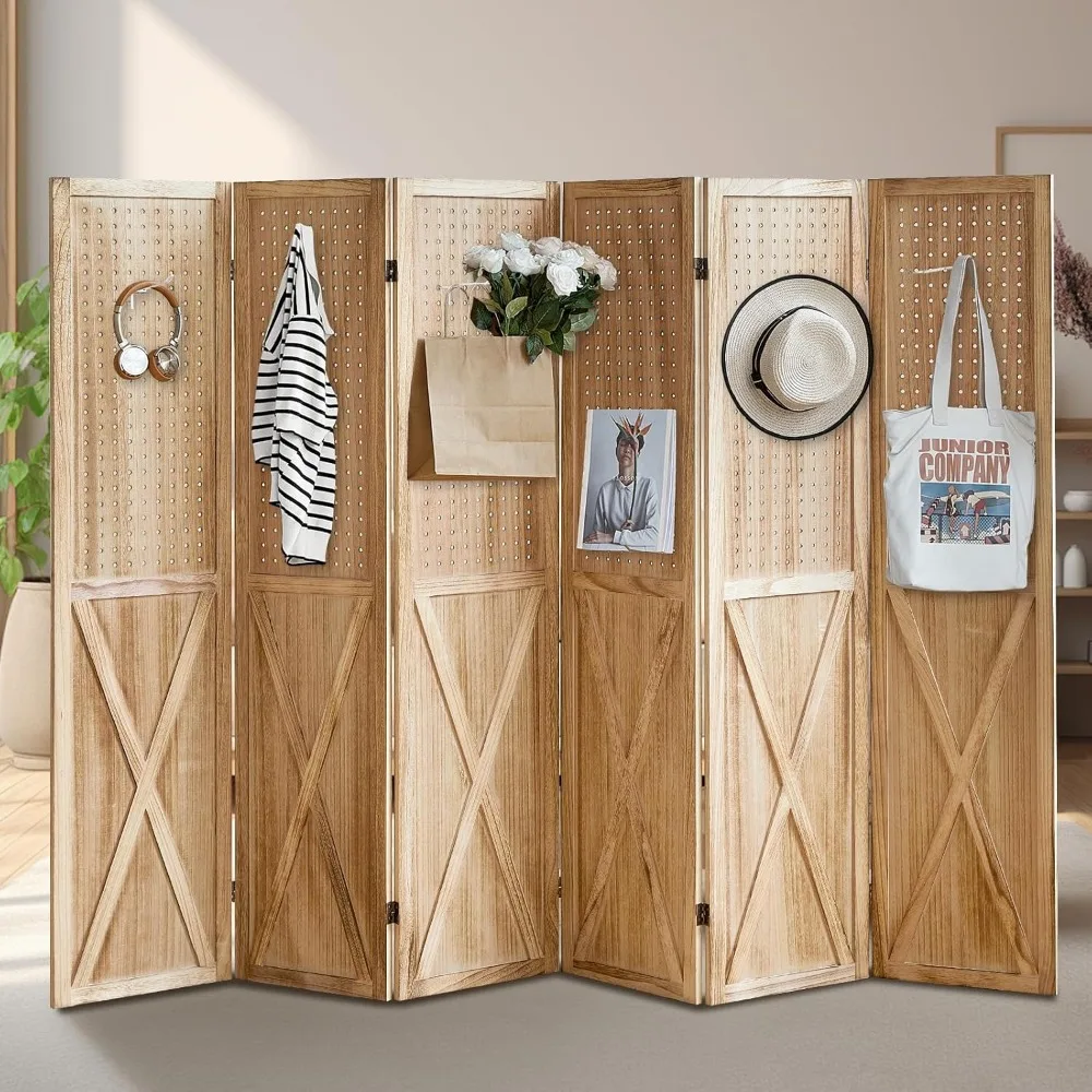 

6 Panel Room Divider, 5.6Ft Pegboard Display Wood Folding Privacy Screens, Room Divider Peg Board Display Freestanding