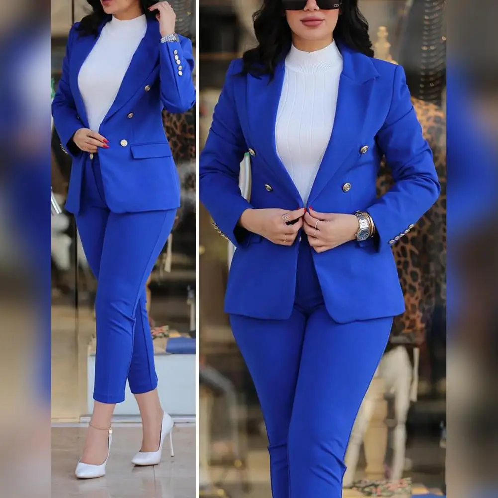 Long Sleeve Pants Suit Elegant Double-breasted Women\'s Coat Pants Suit for Formal Business Commute Slim Fit Jacket with High