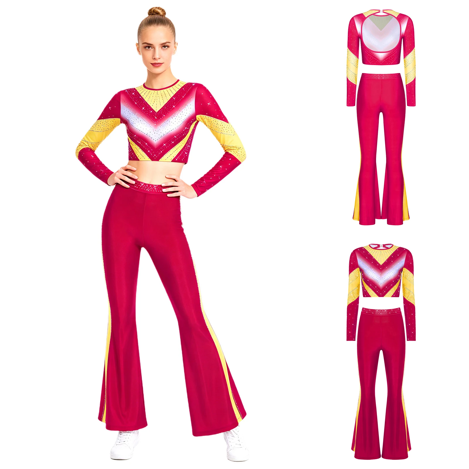 Womens Rhythmic Gymnastics Acrobatics Performance Costume Glitter Rhinestone Long Sleeve Color Block Crop Top And Flared Pants