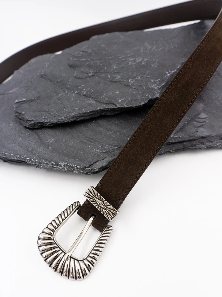 Abandoned earth style, old silver buckle layer, cowhide belt, metal decorative buckle, men's and women's universal leather belt,