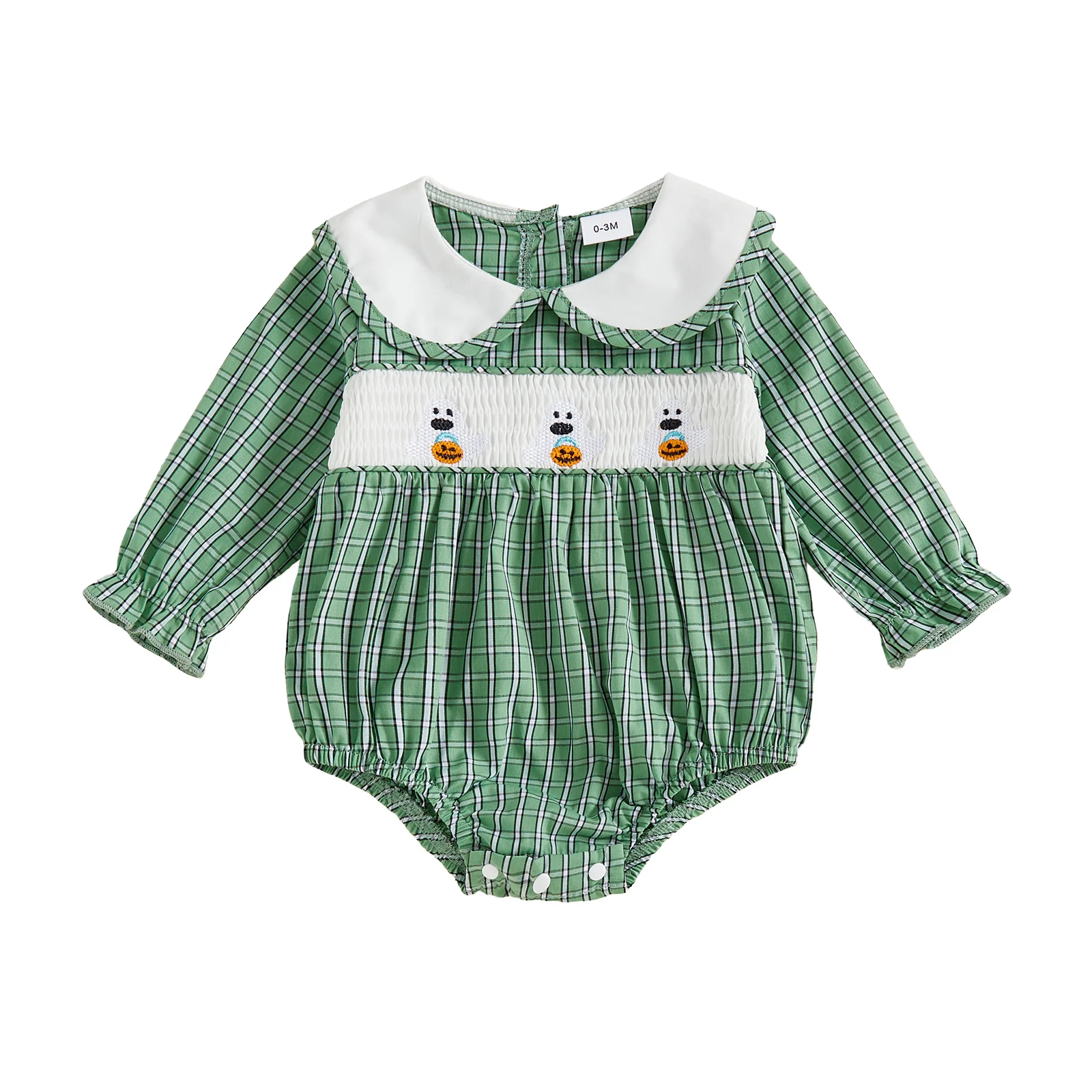 

Baby Girls Halloween Romper Casual Ghost Embroidery Plaid Doll Collar Long Sleeve Jumpsuits for Newborn Fashion Clothes