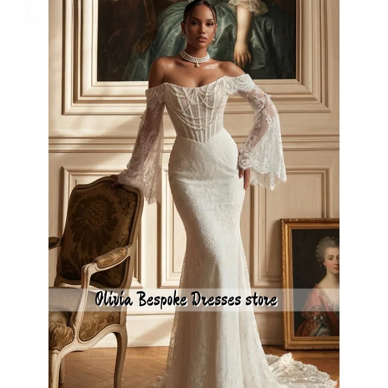 Customized Off Shoulder Sweetheart Neck Prom Dress Long Sleeve vestidos de noche Lace Embroidery Evening Dresses 2026