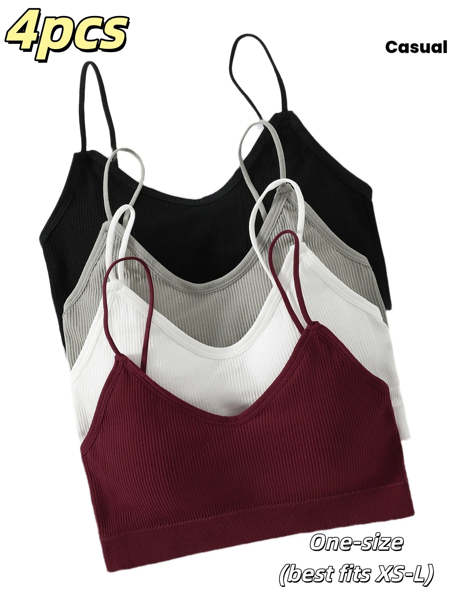 

4 Pack Women's Layering Camisole Tops, Athletic Spaghetti Strap Tops, Assorted Multi-Color Set, Comfortable Wire-Free Bandeau Br