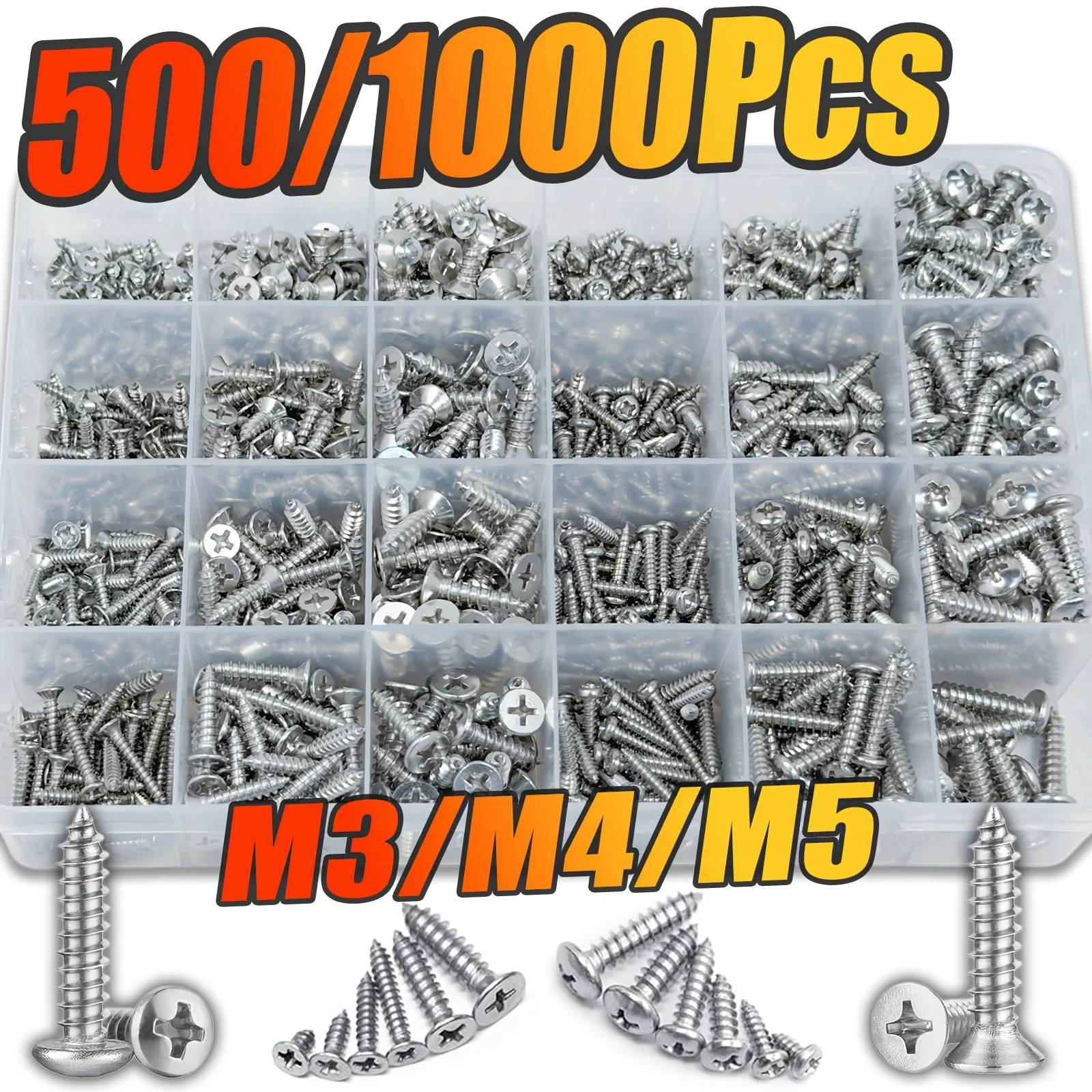 500/1000 Stück selbstschneidende Schrauben-Sortiment, M3 M4 M5 304 Edelstahl-Blechschrauben, Phillips-Holzschrauben für Deck Drywa