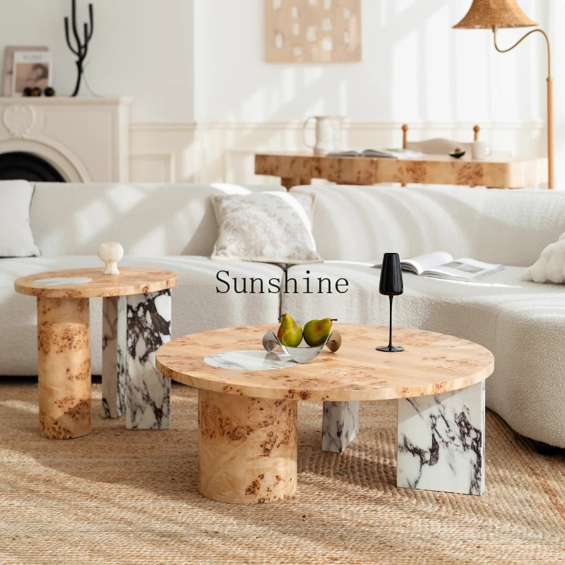 

Medieval solid wood coffee table living room creative light luxury marble round combination coffee table
