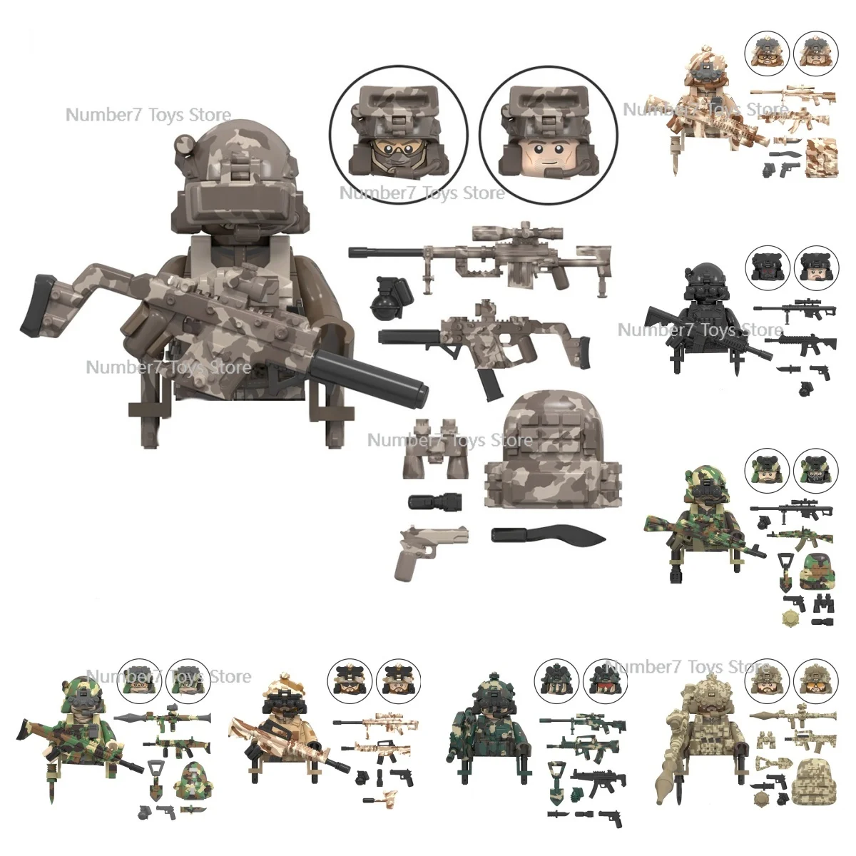 8pcs Military Series Special Forces Navy SEALs Multi Specification Weapons Soldiers Assemble Building Blocks Toys Kids Gifts