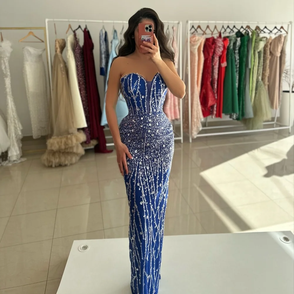 Sansa Dubai Navy Blue Beading Column Prom Dresses Strapless Customized جديد في الفساتين Floor-Length Evening Dress 2025 image 2