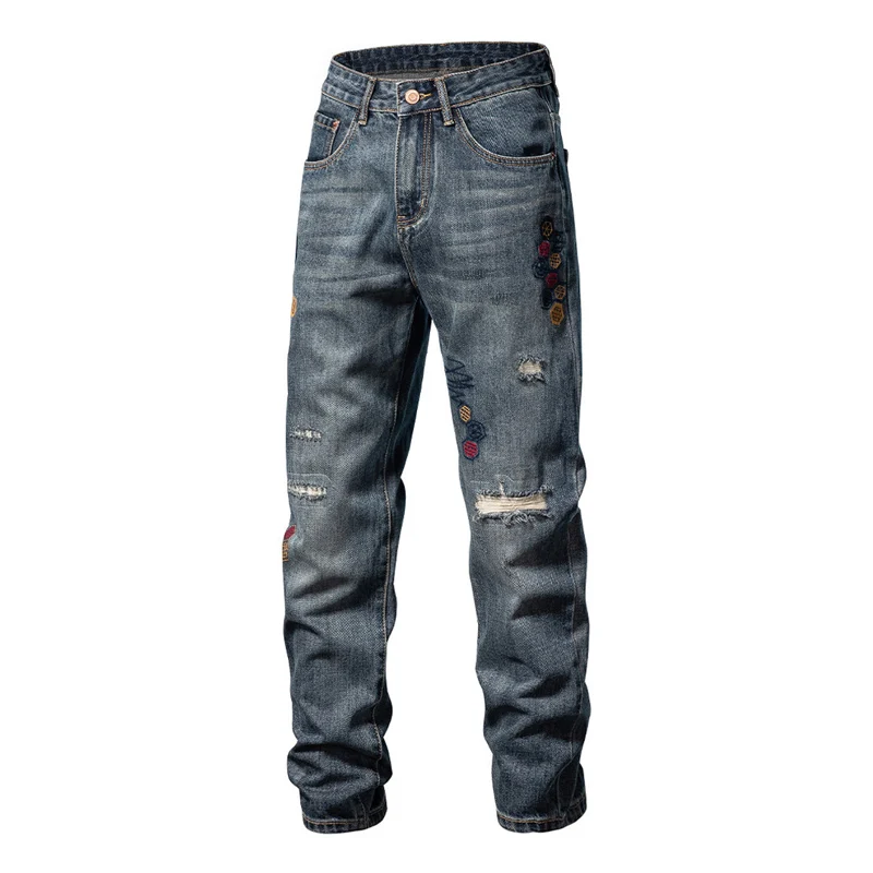 

Italian fashion new men's elastic slim fit retro blue jeans with print scratches washed retro denim straight leg pants hombre