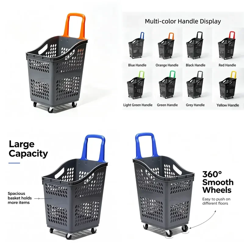 for  Plastic Supermarket Shopping Basket with Wheels Grocery Store Hand-Pulled Shopping Cart 4 Wheels Large Capacity