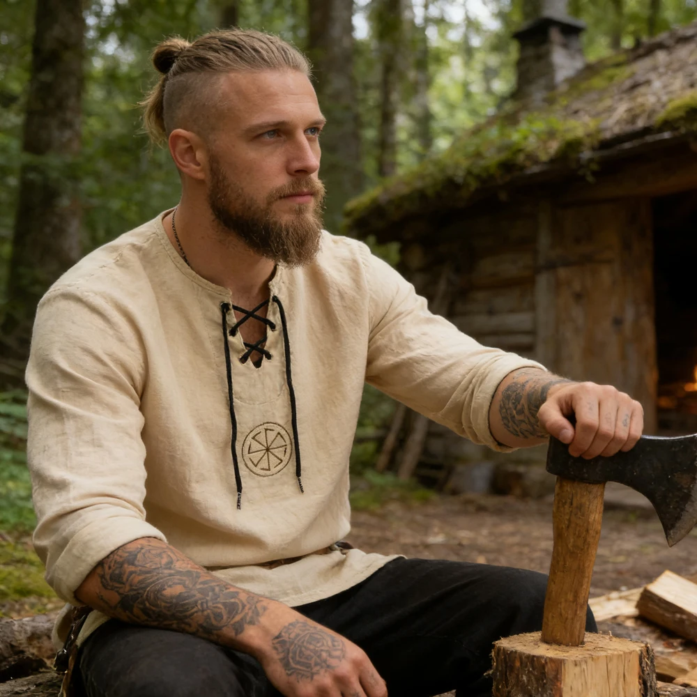 Herren Viking Vegvisir Tunika – Mens Linen Shirt Long Sleeve Bewertung und Preis