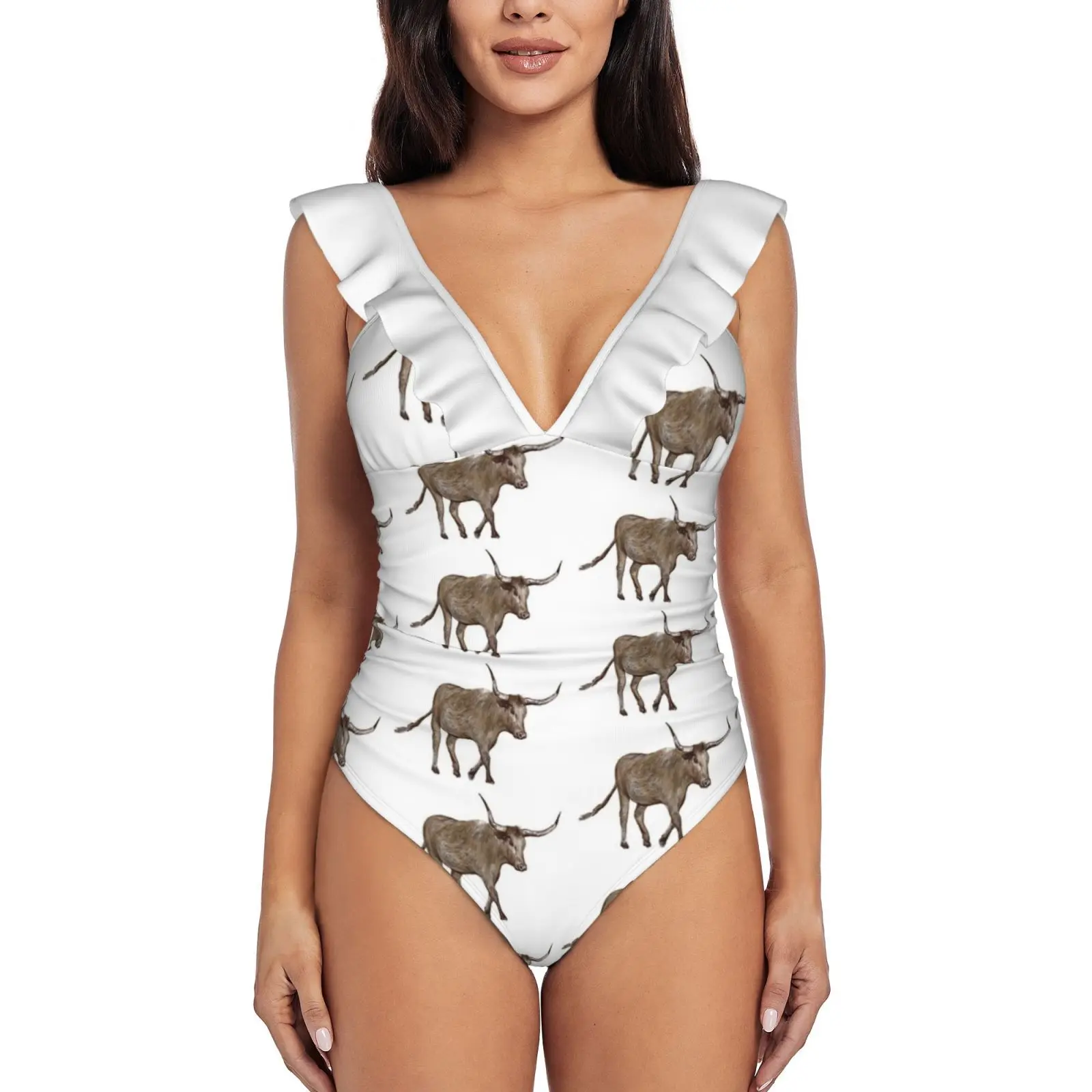 

Longhorn Steer Sexy One Piece Swimsuit Women Ruffled Swimwear Women Print Monokini Female Beachwear Longhorn Bull Cow Cowboy