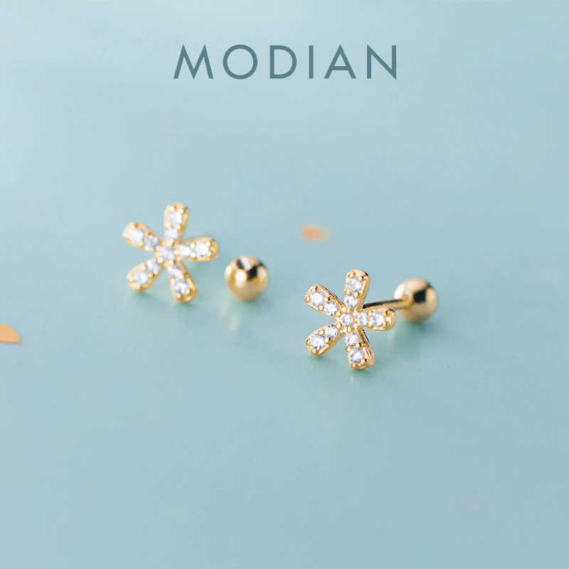 

Modian Real Sterling Silver 925 Classic Flower Stud Eearrings for Women Clear CZ Gold Color Ear Pins Studs Fine Charm Jewelry