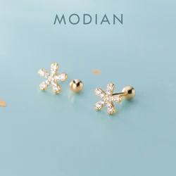 Modian Real Sterling Silver 925 Classic Flower Stud Eearrings for Women Clear CZ Gold Color Ear Pins Studs Fine Charm Jewelry