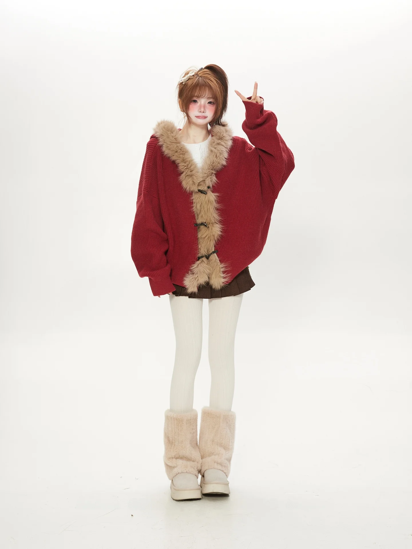 

Красный вязаный свитер с меховым воротником, пальто, женское новогоднее пальто, одежда для поездок на работу, длинный свек, стандартный крой, осень-зима