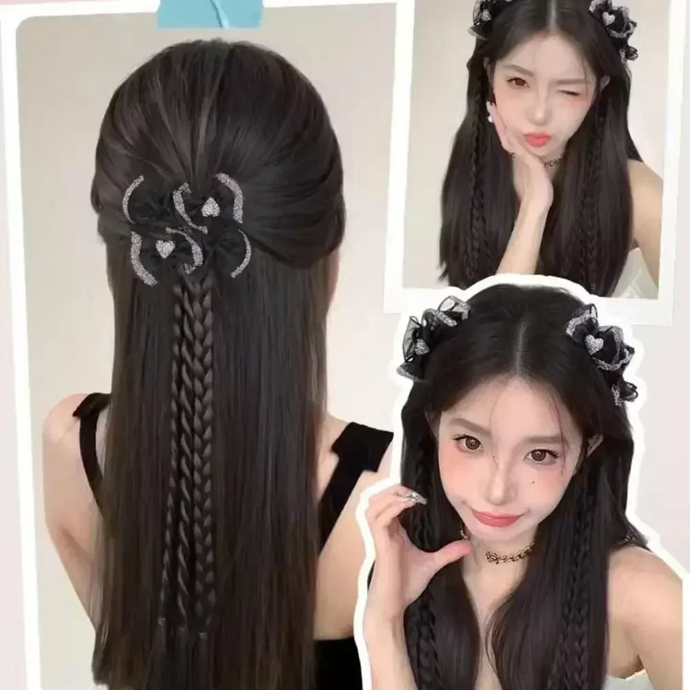 Y2K Parrucca sintetica intrecciata intrecciata con fiocco per ragazze Simulazione doppia coda di cavallo Estensioni da donna