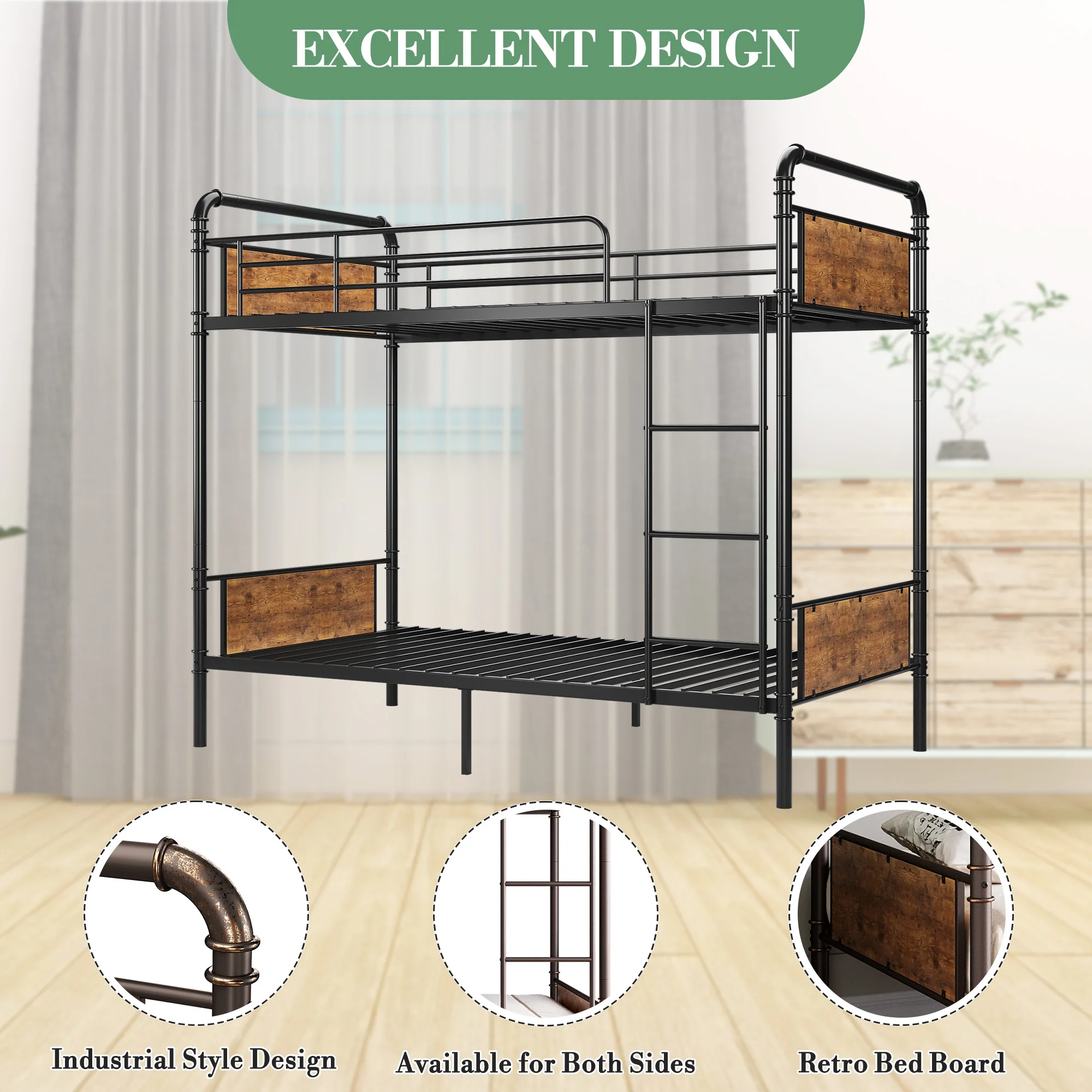 Space-Saving Twin Over Twin Metal Bunk Bed – Convertible Loft Bed Frame with Guardrails & Ladder, Heavy Duty, Noise-Free, Easy Assembly, No Box Spring Needed – Vintage Black