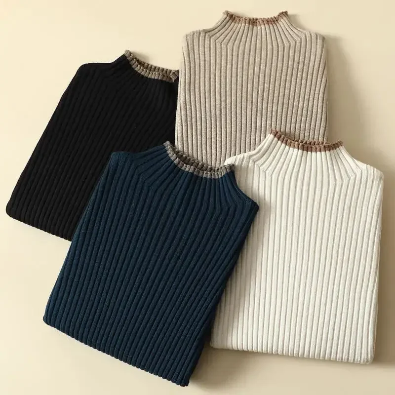 

Splicing Line Mock Neck Knitted Pullover Thick Casual Long Sleeve Women's Sweater Female Sweaters Woman Clothing Fashion Spring