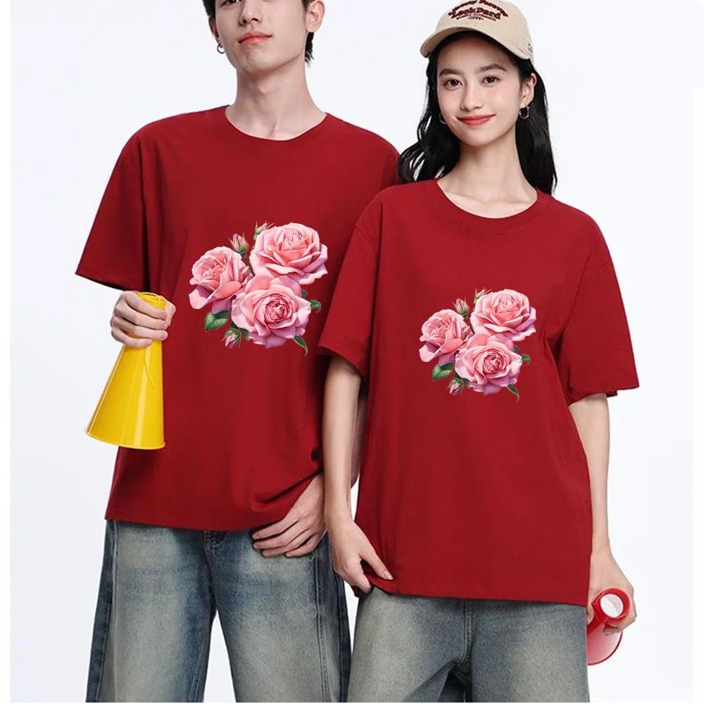 Pink Roses Printed T Shirt Breathable Fabric S-XXL Personalized Custom Casual Short Sleeve Tee Aesthetic Graphic Top Unisex Fit