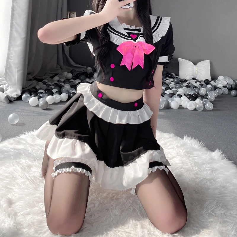 

Maid Uniform Sexy Cosplay Costumes for Women Nice Outfits Bow-knot Tops with Mini Skirt Lace Outfits Temptation Lingerie