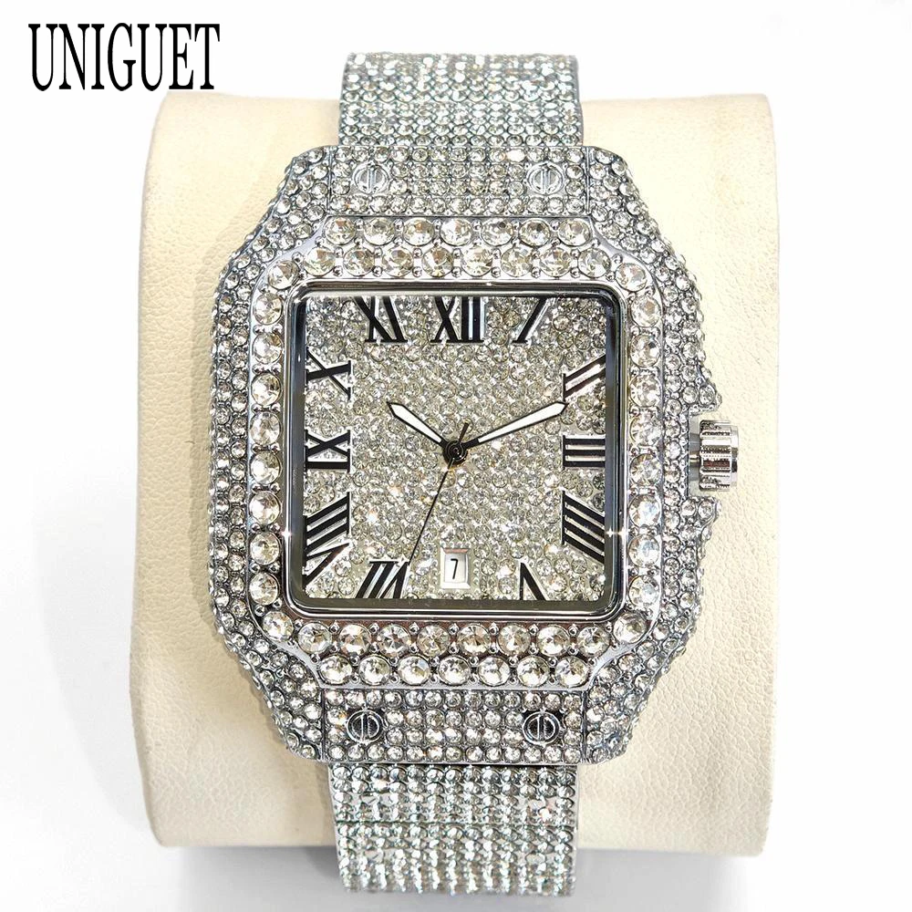 

New Fashion Ice Watches Men Brand UNIGUET Luxury Hip Hop Diamond Jewelry Square Stainless Steel Quartz Male Wrist Watch Hot Sale