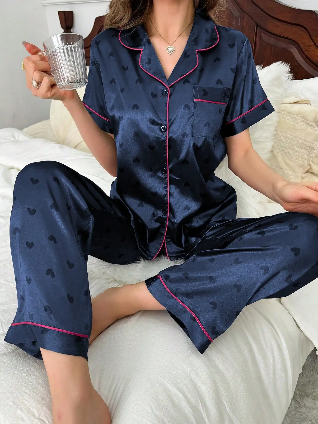 

Navy Heart Print Satin-Like Short Sleeve Pajama Set with Pink Trim