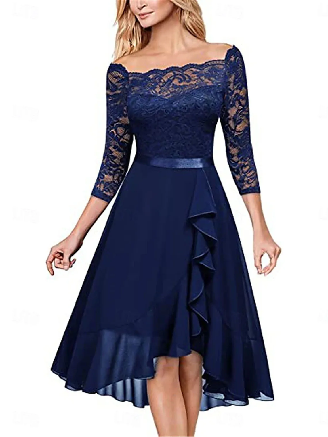 

Elegant A-line Prom Gown Off Shoulder 3/4 Length Sleeve Lace Pleated Asymmetrical Hem Wedding Guest Dress 2025 Free Customized