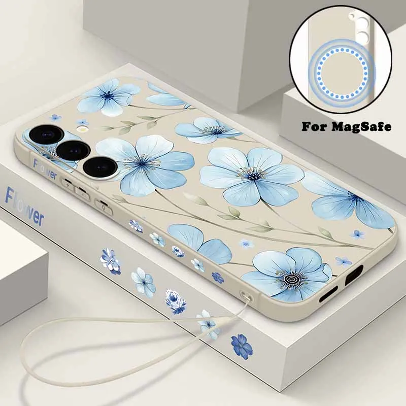 حافظة مغناطيسية زرقاء لهاتف سامسونج جالاكسي S24 FE S25 S24 S23 S22 Ultra Plus لهاتف Magsafe غطاء هاتف بحبل للشحن اللاسلكي #1