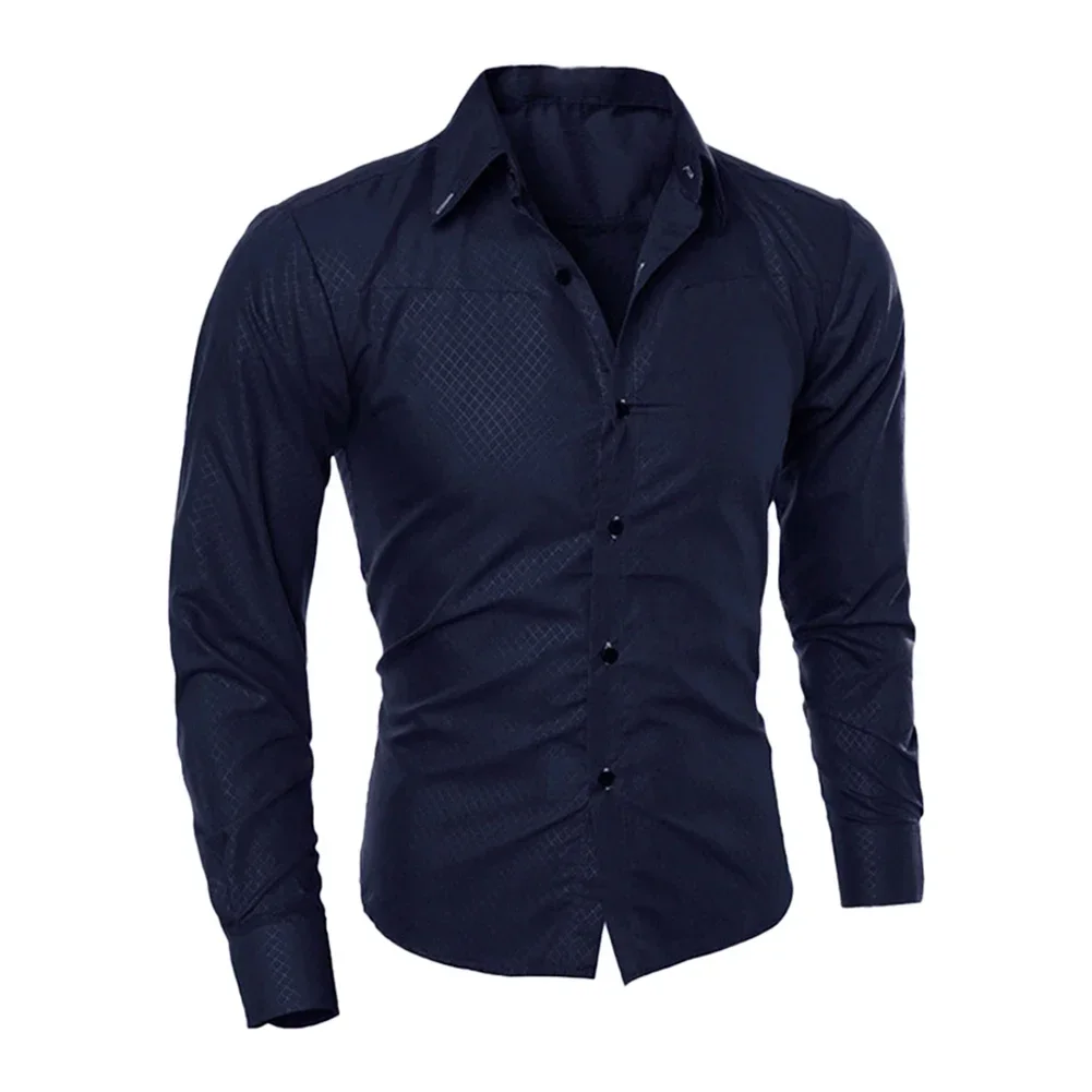 Chemise habillée boutonnée à manches longues pour hommes, chemises minces, vêtements monochromes, vêtements d'affaires, décontracté, formel, fête