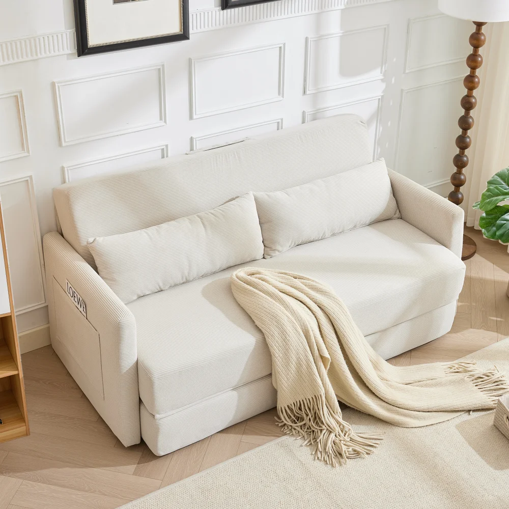 2-in-1 Konvertierbares Klappsofa-Bett aus Cord, 2-Sitzer Lounge-Couch mit Lendenkissen & Zeitschriften-Aufbewahrungstaschen, Beige