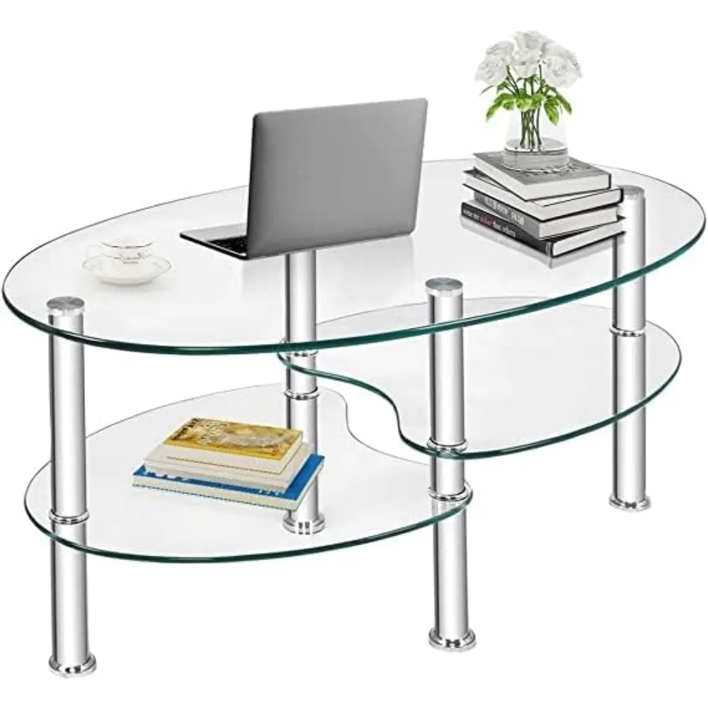 

Glass Coffee Table, Oval 3-Tier Modern Smooth Tea Table w/Spacious Glass Desk-Top, Shelf & Sturdy Chrome Plated Leg