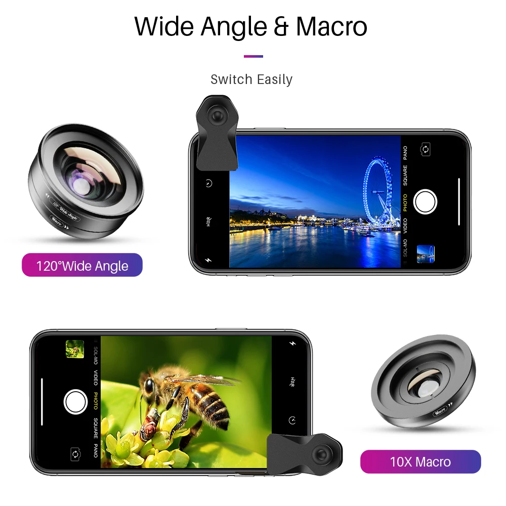 

APEXEL 2 in 1 HD Phone camera Lens Kit 4K 120 Degree Super Wide Angle &10x Macro Lens for Phone Photography For iPhone Android
