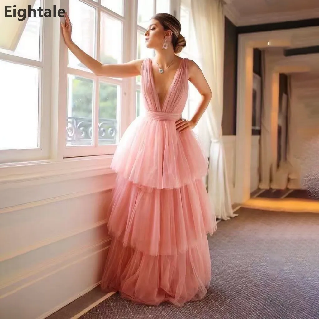 

Eightale Pink Tulle Maxi Evening Dress Tiered Prom Dress A Line V Neck Floor-Length Maxi Party Gown Customized
