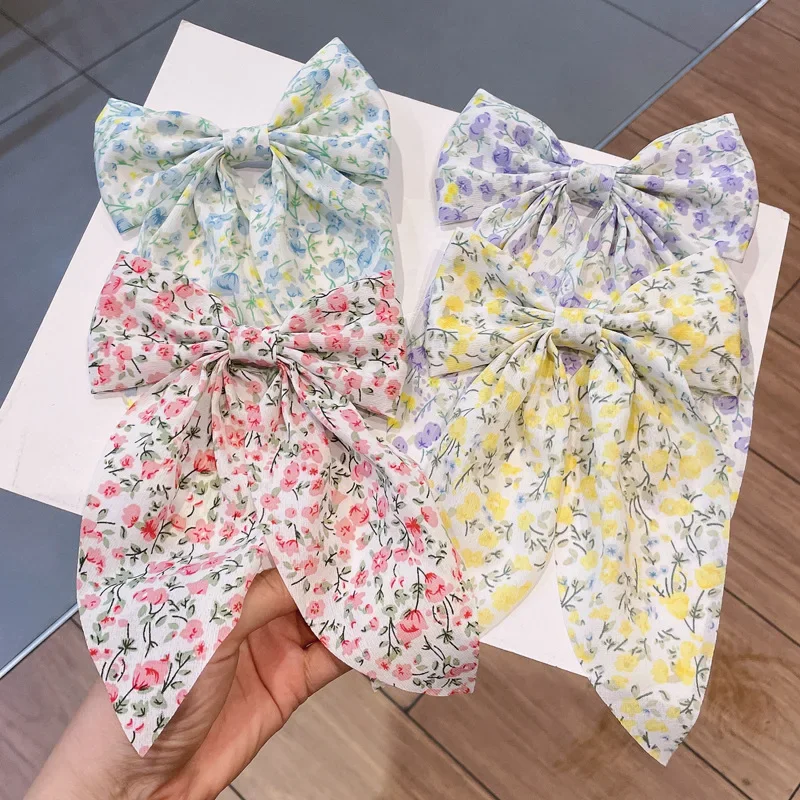 2023 New Floral Long Bow Hair Clip with Tassel Chiffon Ribbon Top Clips Barrettes Pins Hair Accessories for Women