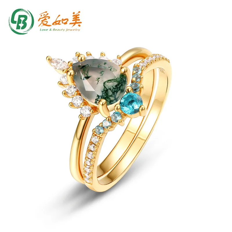 

18K Gold PT950 Platinum Silver Plated 7-layer Gold Green Moss Ring Women's Water Grass Agate Finger Ring Light Luxury Fashion