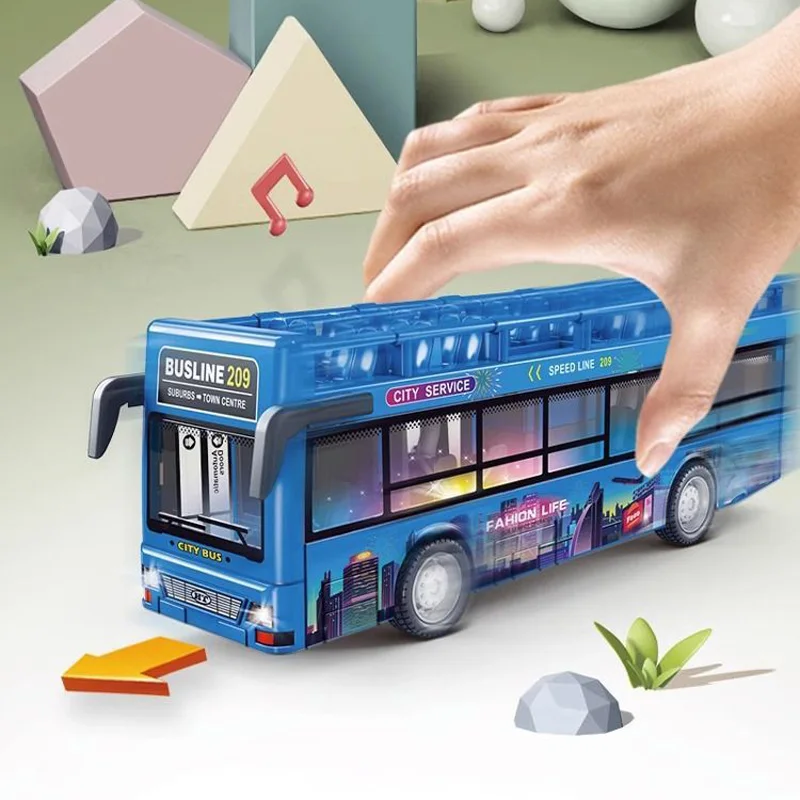 Nuovo modello di autobus turistico a due piani Simulazione di inerzia Può aprire la porta Musica leggera Modello di auto pubblica Regalo di compleanno per bambini