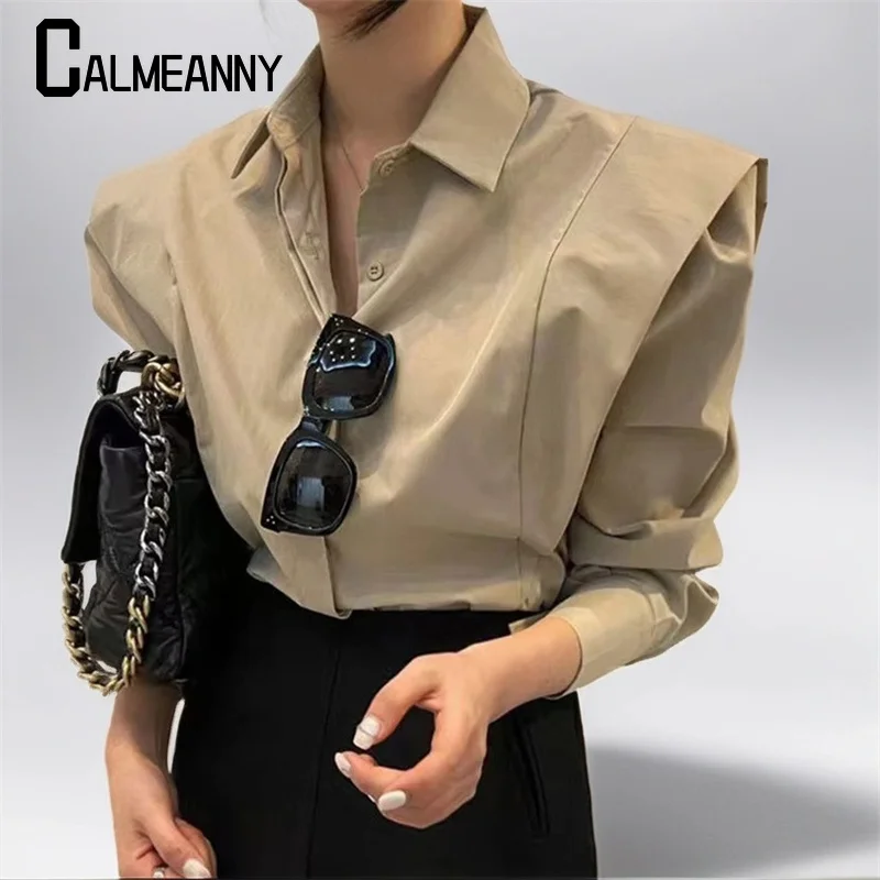 2023 Spring Blouses Vintage Simple Snap Closure Panel Ruffles Long Sleeve Leisure Shirt Solid Temperament Korean Women's Top