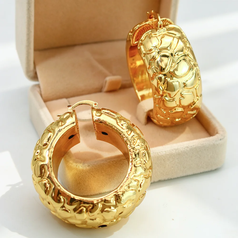 YTJX African Chunky Wide Hoop Earrings 18K Gold Plated Irregular Crackle Textured Huggie Earring Luxury Statement Women Jewelry view 4