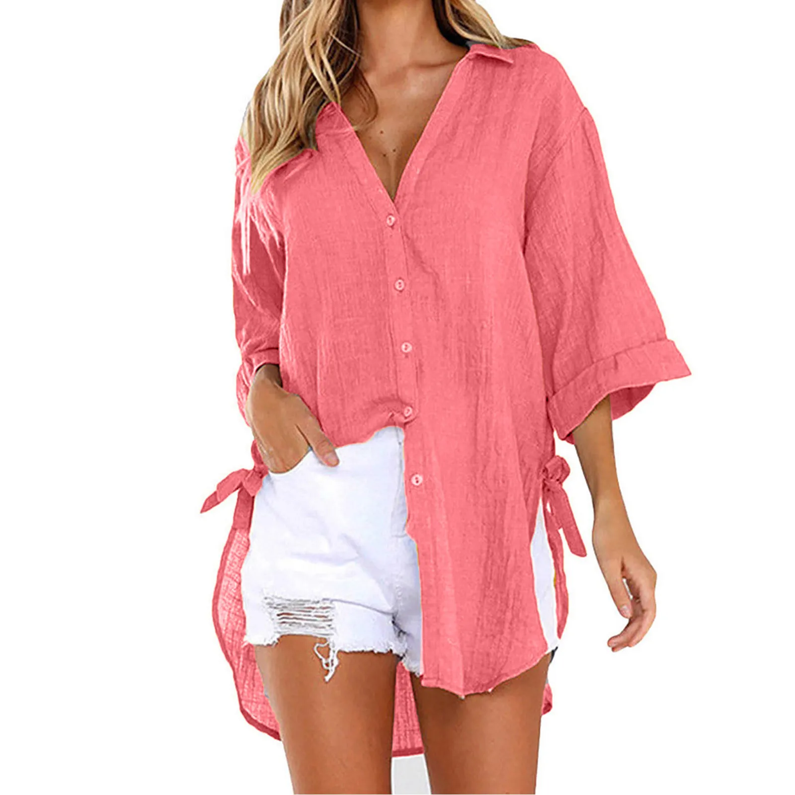 Large Sized Casual Solid Color Minimalist Cardigan For Women Lace-up Button Lapel Shirt Loose Side Knotted Long Sleeve Shirt