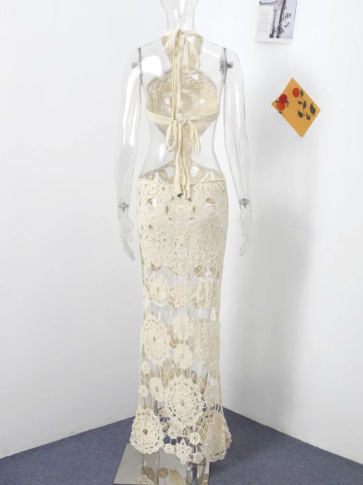 Vestido largo de punto con flores y gancho para mujer, vestido largo Sexy con cuello Halter, sin mangas y espalda descub
