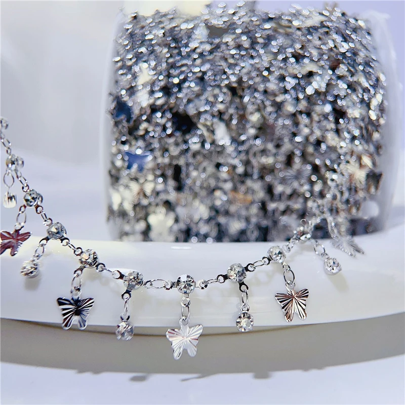 1meters Zircon Stones Necklace Chains Copper Metal Link Bracelet Butterfly Crystal Beads Chains Bulk Lot for Diy Jewelry Making