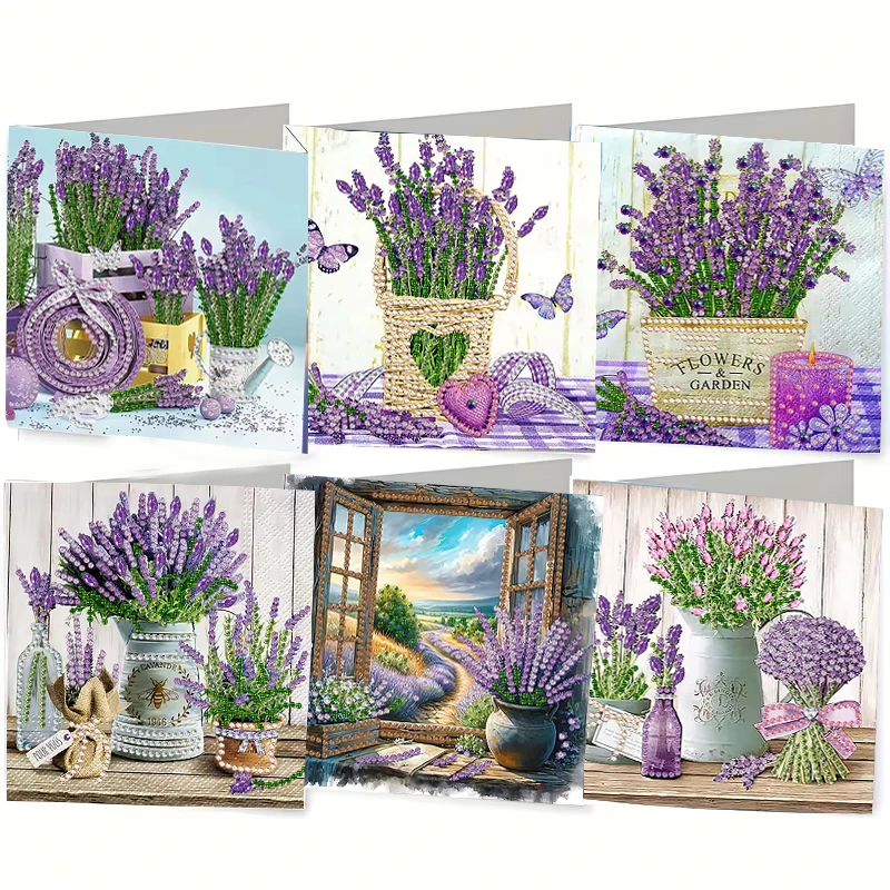 6-delig/set DIY diamant schilderij verjaardagskaartenset, met unieke bloem, vogel en patroonontwerpen, strass diamantverf