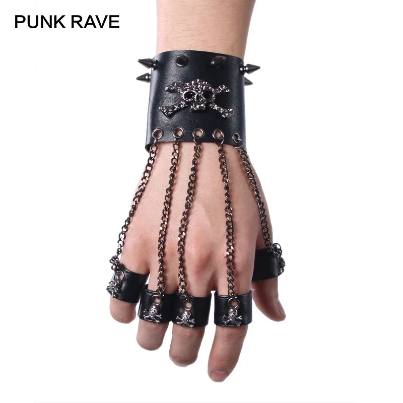 

PUNK RAVE Rock Style Man Skull Spike Glove Gothic Men Bracelet Steampunk PU Leather Cuff-One Right