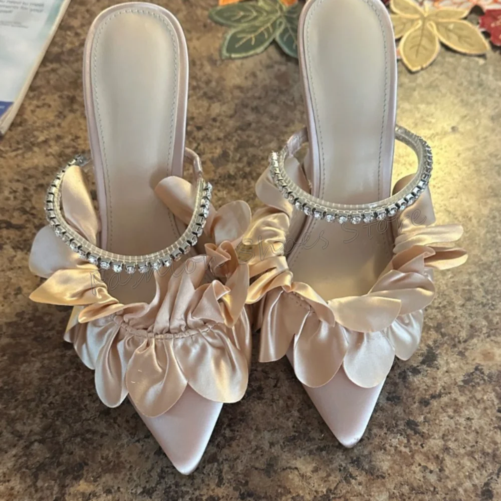 

Apricot Petal Decor Satin Slippers Pointed Toe Women Shoes Stilettos High Heels Party Banquet Dating 2025 Zapatos Para Mujere
