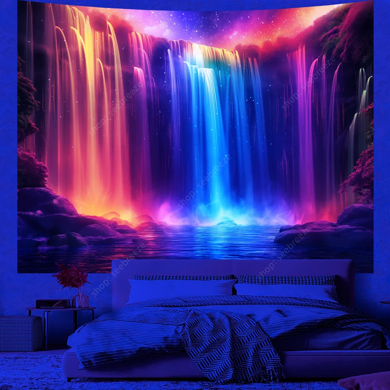 Psychedelic Waterfall Tapestry Galaxy Nature Landscape UV Reactive Tapestry Wall Hanging Dorm Living Room Aesthetic Hippie Decor