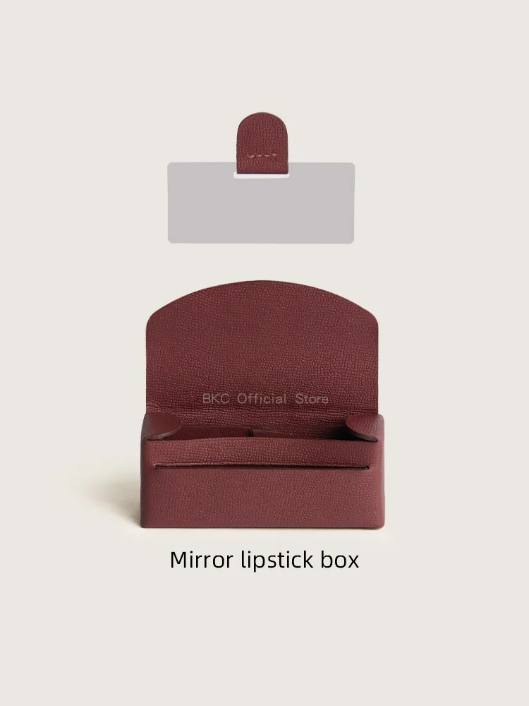 Mini Lipstick Box with Mirror - Calfskin Leather, Handcrafted Saddle Stitch, Stainless Steel Mirror, Lip Gloss Storage Holder