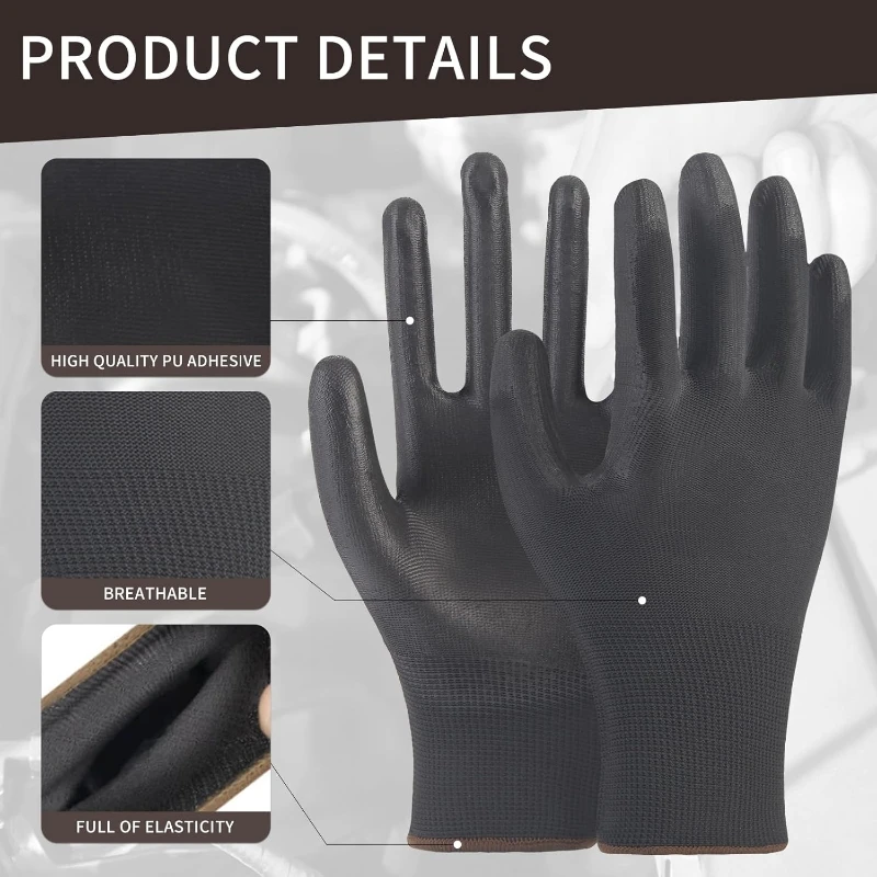 2/6Pairs Work Safety Gloves PU Coated Safety Gloves with Grip Light Duty Seamless Knit Gloves for Industrial Warehouse Assembly