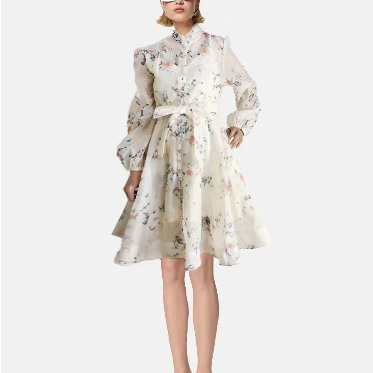 2025 디자인 프린트 다이아몬드 장식 허리 조임 단추형 숏 드레스 투피스 세트 폴리에스터 섬유 봄 시즌