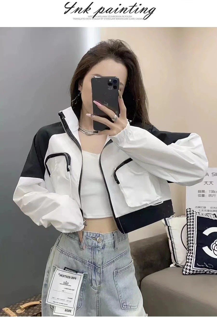 Bomber Jacket Women Spring  Summer Short Jackets Streetwear 3D Big pockets black white Contrast Coat  windbreaker outwear