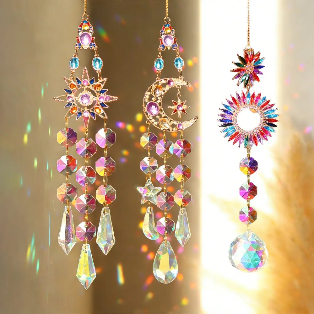 3pcs/set Crystal Sun Catcher Star and Moon Hanging Pendant Crystal Prism Drops Home Finials Window & Garden Decor Holiday Gifts