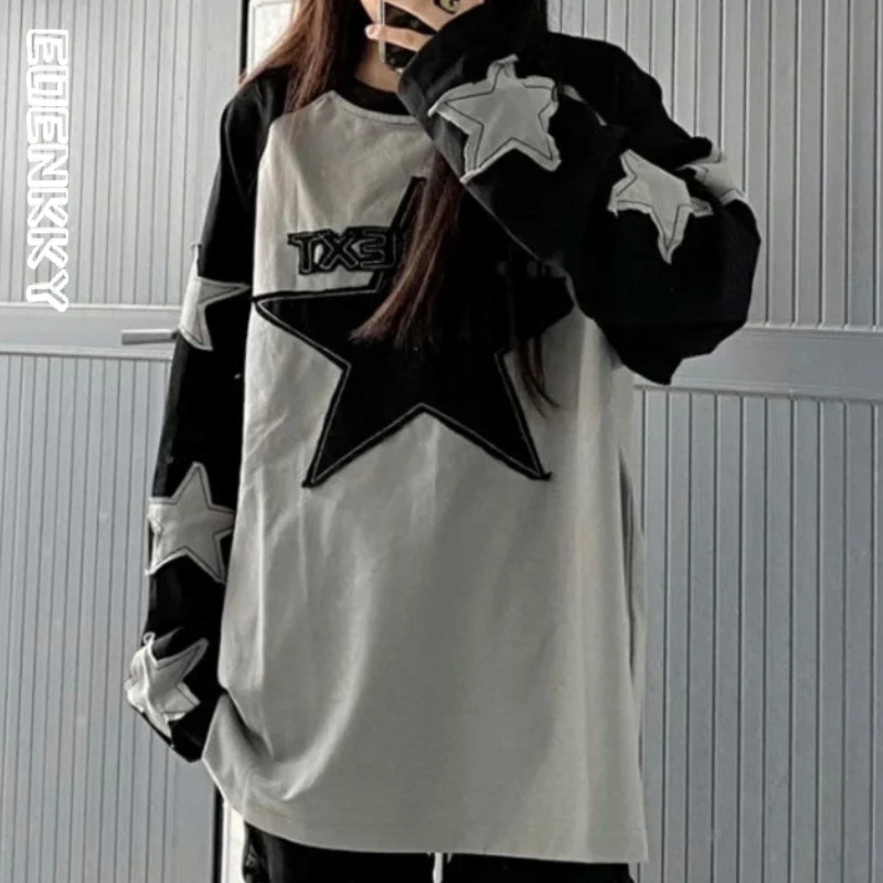 

Kpop Harajuku Star Grey Sweatshirt Women Y2K Hippie Grunge Patchwork Letter Hoodie Korean Oversize Long Sleeve T Shirts Autumn